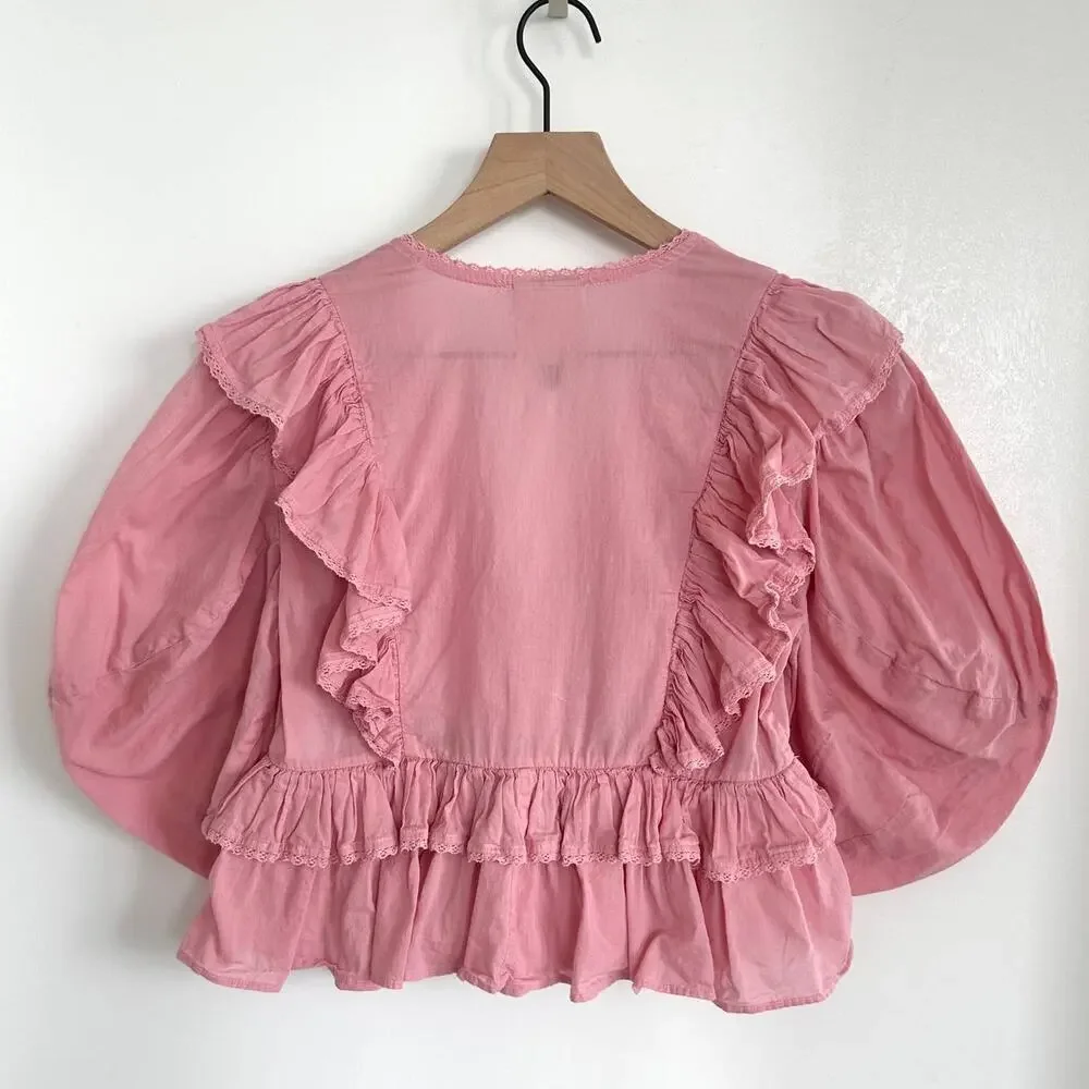 Farm Rio Blush Pink Puff Sleeve V-Neck Cropped Bohemian Blouse Size XS